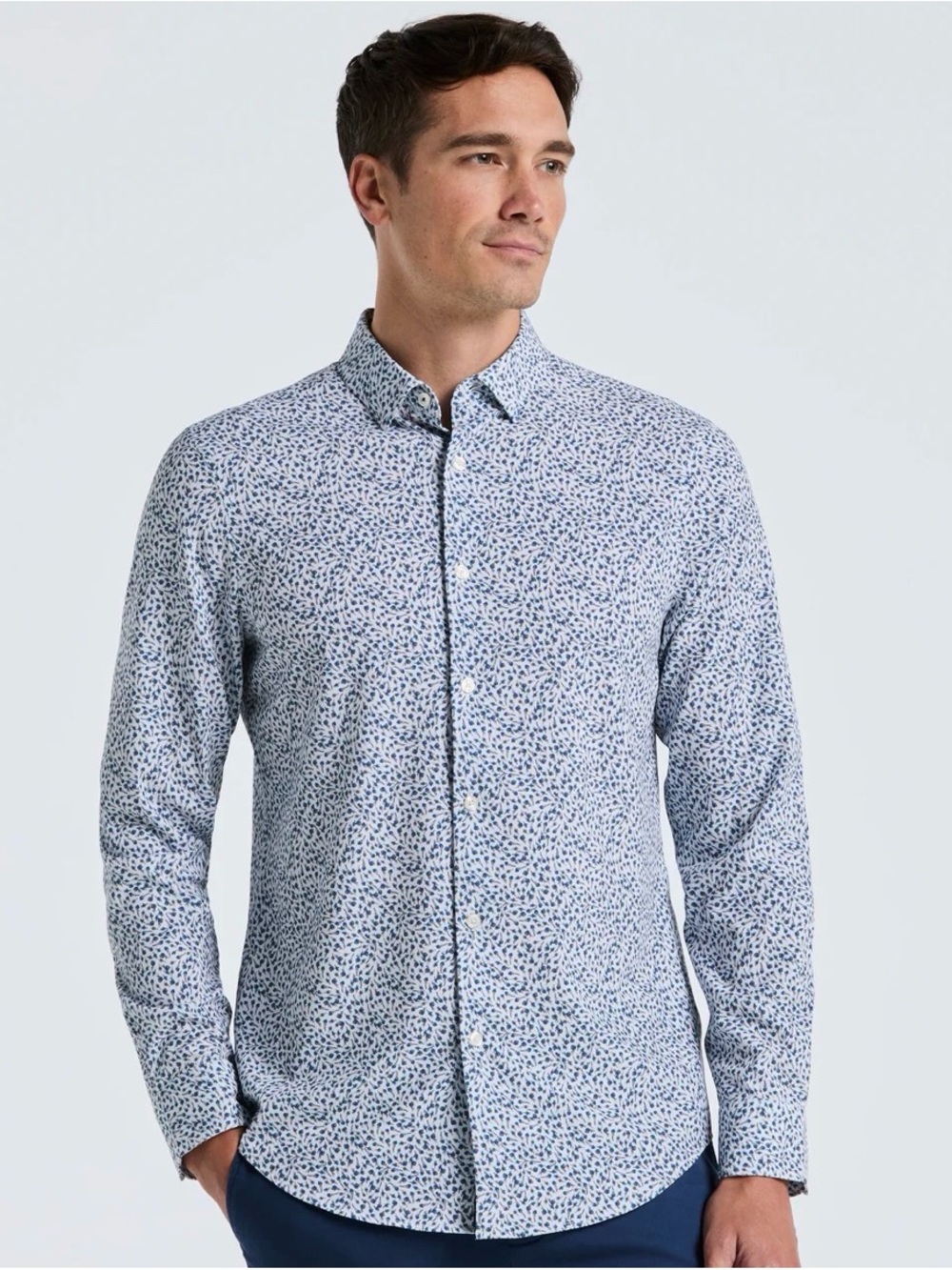 Express Men's White Button-Down Shirt with Navy Microprint floral